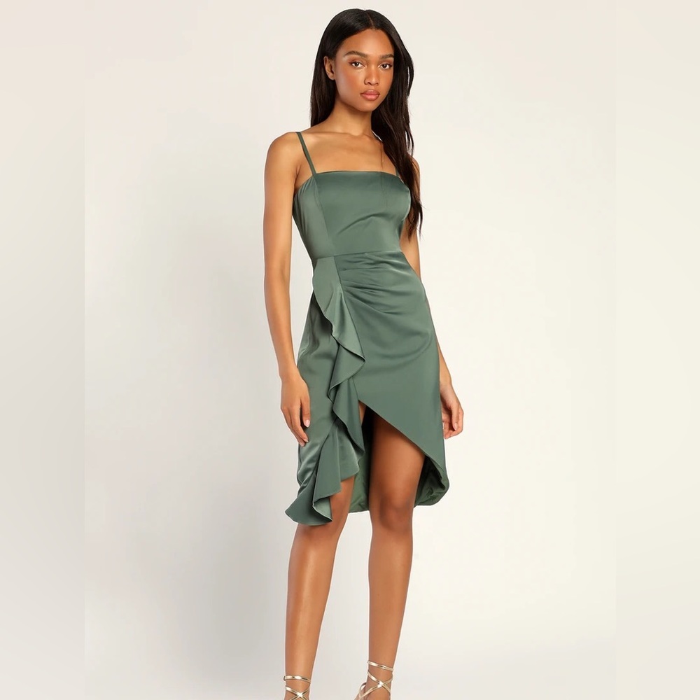 Lulu’s Like What You See Satin Asymmetrical Ruffled Midi Dress